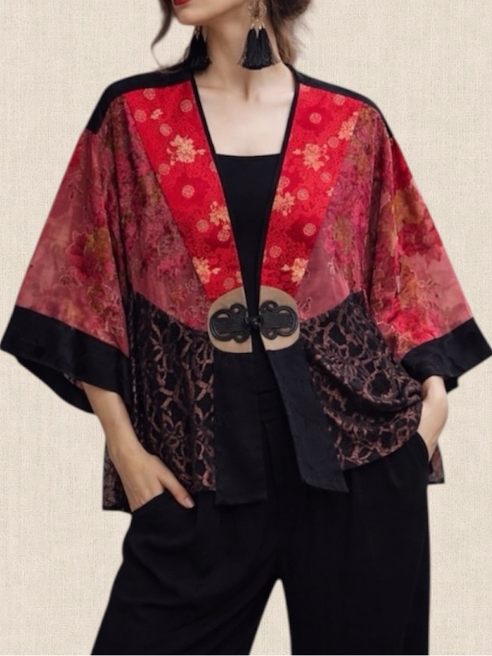 Spencer Alexis Burnout Velvet Kimono Top Jacket Satin Lace Sheer Boho Med Vtg